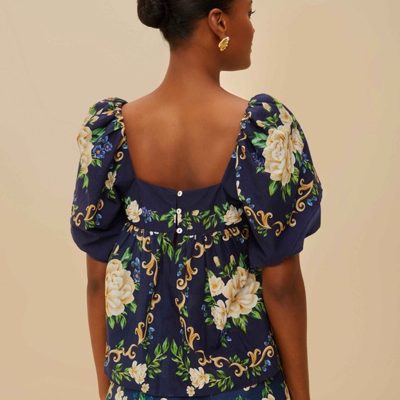 Farm Rio: Blue Flower Tapestry Yoke Blouse - Picture 4 of 6